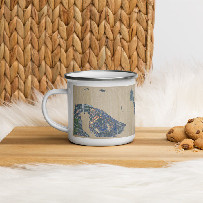 Left View Custom Lummi Island Washington Map Enamel Mug in Afternoon on Table Top
