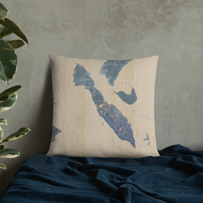 Custom Lummi Island Washington Map Throw Pillow in Afternoon on Bedding Against Wall
