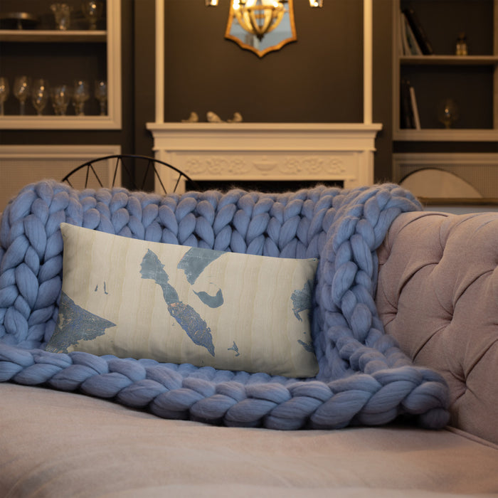 Custom Lummi Island Washington Map Throw Pillow in Afternoon on Blue Colored Chair