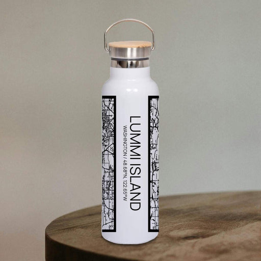 Lummi Island Washington Custom City Map Inscription Coordinates on 20oz Stainless Steel Insulated Bottle with Bamboo Top in Matte White with printed Tactile Lines Map in Black