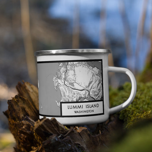 Right View Custom Lummi Island Washington Map Enamel Mug in Classic on Grass With Trees in Background