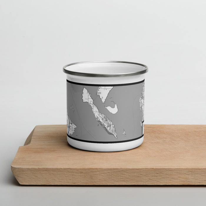 Front View Custom Lummi Island Washington Map Enamel Mug in Classic on Cutting Board