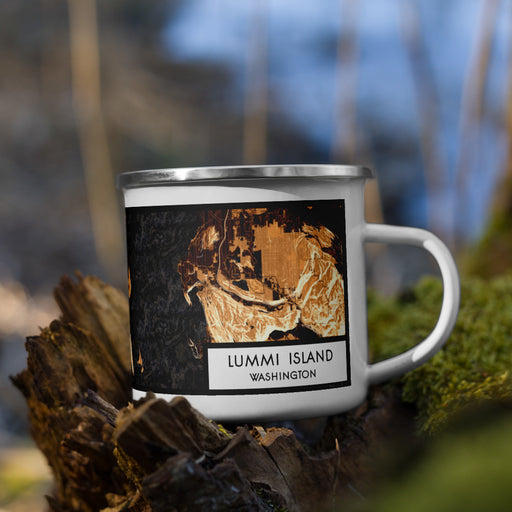 Right View Custom Lummi Island Washington Map Enamel Mug in Ember on Grass With Trees in Background