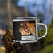 Right View Custom Lummi Island Washington Map Enamel Mug in Ember on Grass With Trees in Background