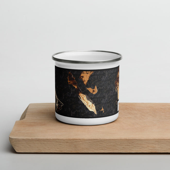 Front View Custom Lummi Island Washington Map Enamel Mug in Ember on Cutting Board