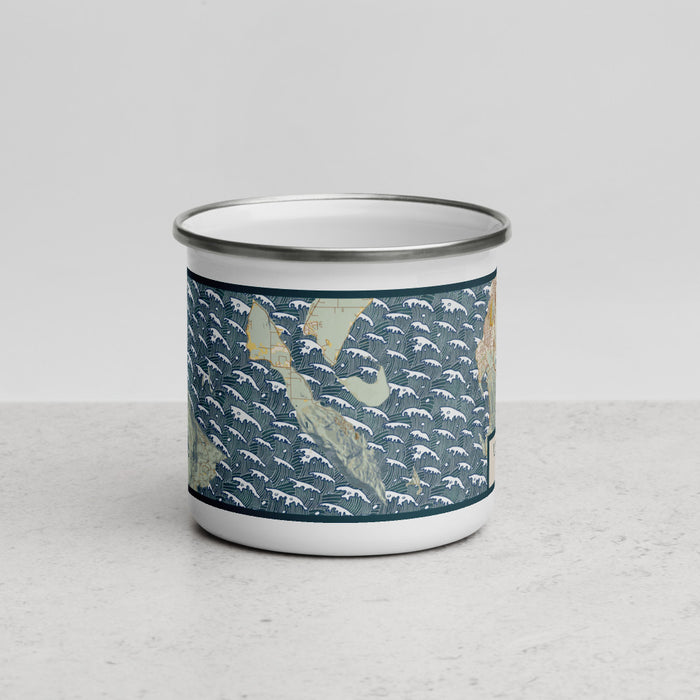 Front View Custom Lummi Island Washington Map Enamel Mug in Woodblock