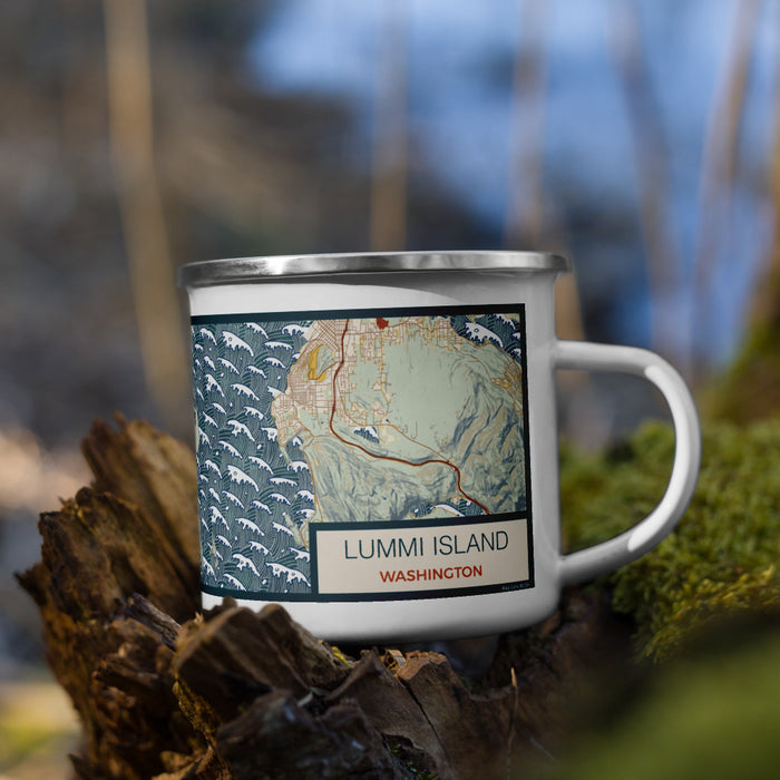 Right View Custom Lummi Island Washington Map Enamel Mug in Woodblock on Grass With Trees in Background
