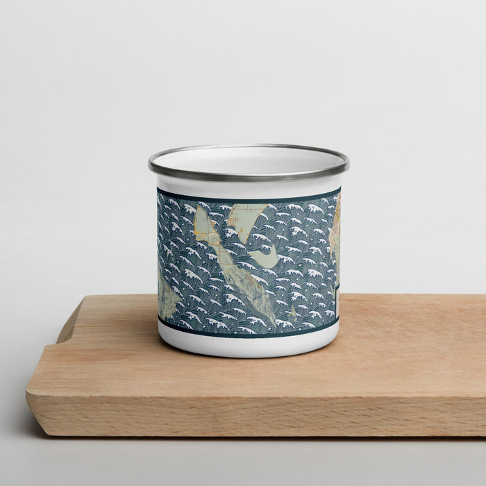 Front View Custom Lummi Island Washington Map Enamel Mug in Woodblock on Cutting Board