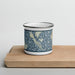 Front View Custom Lummi Island Washington Map Enamel Mug in Woodblock on Cutting Board