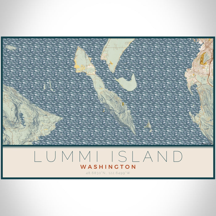 Lummi Island Washington Map Print Landscape Orientation in Woodblock Style With Shaded Background