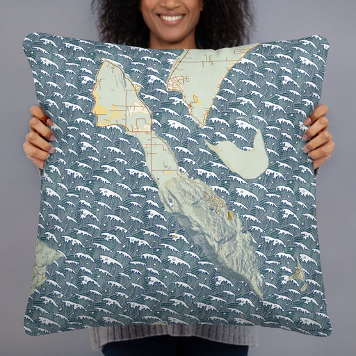 Person holding 22x22 Custom Lummi Island Washington Map Throw Pillow in Woodblock