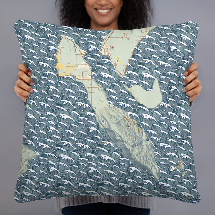 Person holding 22x22 Custom Lummi Island Washington Map Throw Pillow in Woodblock