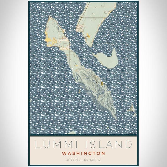 Lummi Island Washington Map Print Portrait Orientation in Woodblock Style With Shaded Background
