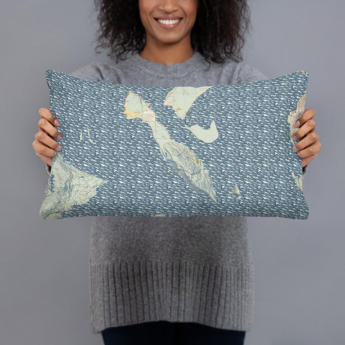 Person holding 20x12 Custom Lummi Island Washington Map Throw Pillow in Woodblock