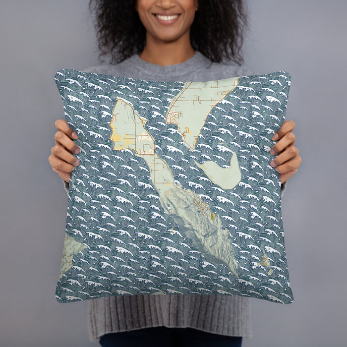 Person holding 18x18 Custom Lummi Island Washington Map Throw Pillow in Woodblock