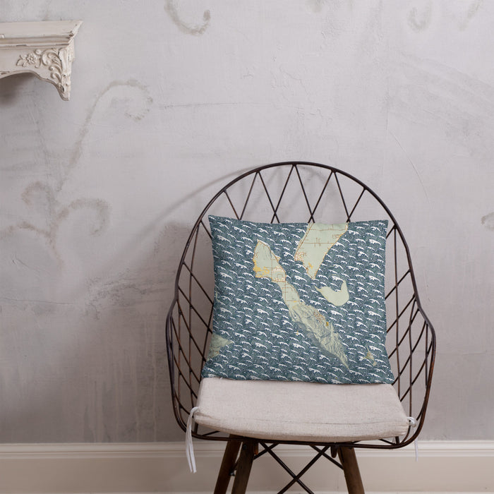 Custom Lummi Island Washington Map Throw Pillow in Woodblock on Cream Colored Couch