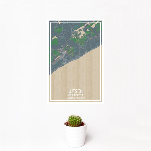 12x18 Lutsen Minnesota Map Print Portrait Orientation in Afternoon Style With Small Cactus Plant in White Planter