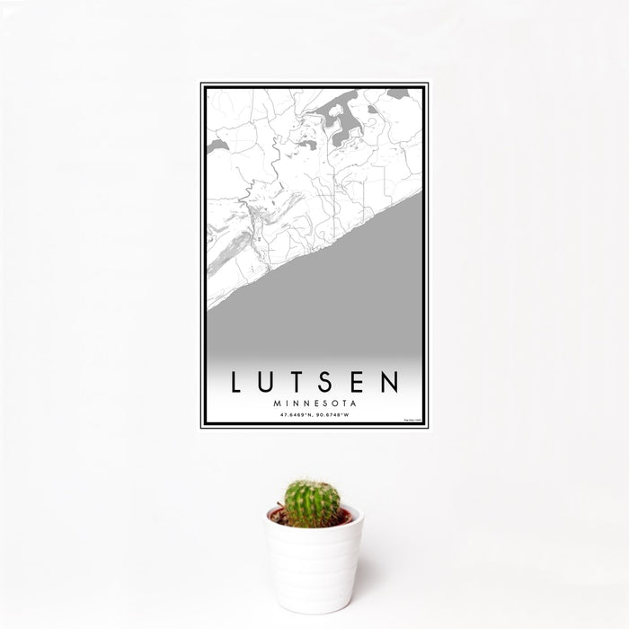 12x18 Lutsen Minnesota Map Print Portrait Orientation in Classic Style With Small Cactus Plant in White Planter