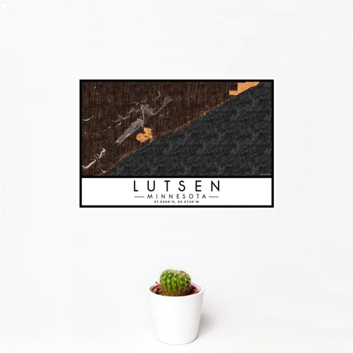 12x18 Lutsen Minnesota Map Print Landscape Orientation in Ember Style With Small Cactus Plant in White Planter