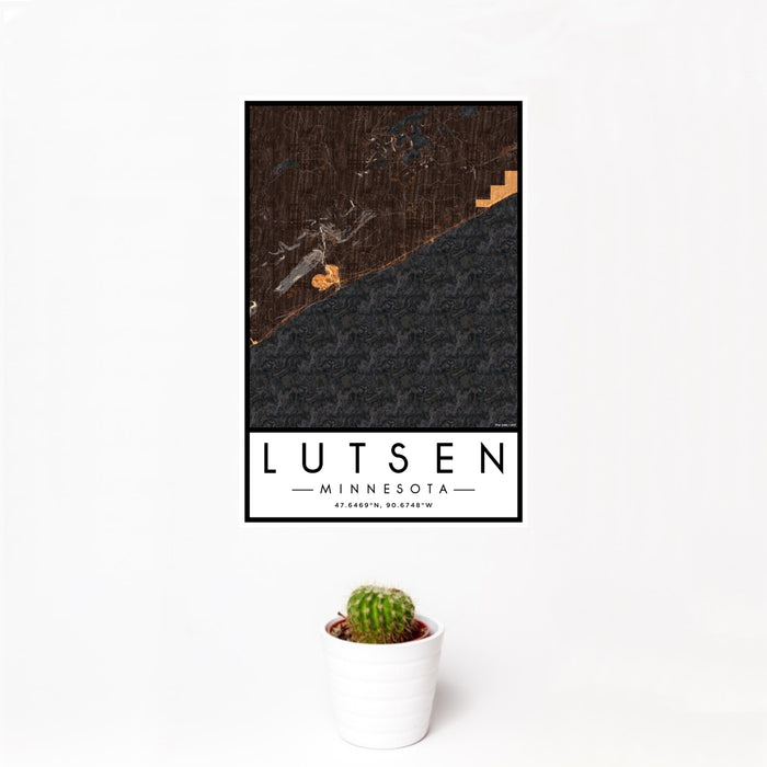 12x18 Lutsen Minnesota Map Print Portrait Orientation in Ember Style With Small Cactus Plant in White Planter