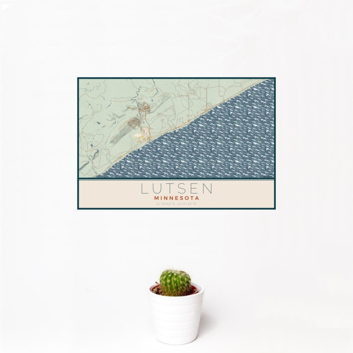 12x18 Lutsen Minnesota Map Print Landscape Orientation in Woodblock Style With Small Cactus Plant in White Planter