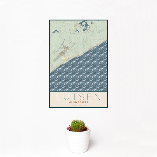 12x18 Lutsen Minnesota Map Print Portrait Orientation in Woodblock Style With Small Cactus Plant in White Planter