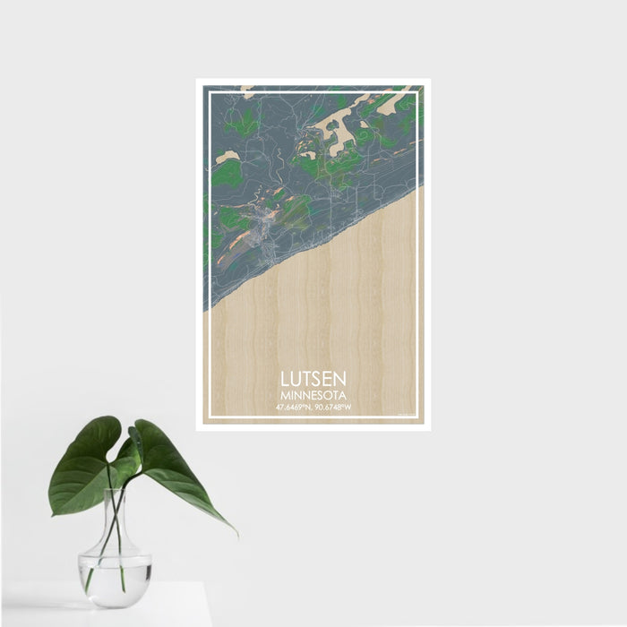 16x24 Lutsen Minnesota Map Print Portrait Orientation in Afternoon Style With Tropical Plant Leaves in Water