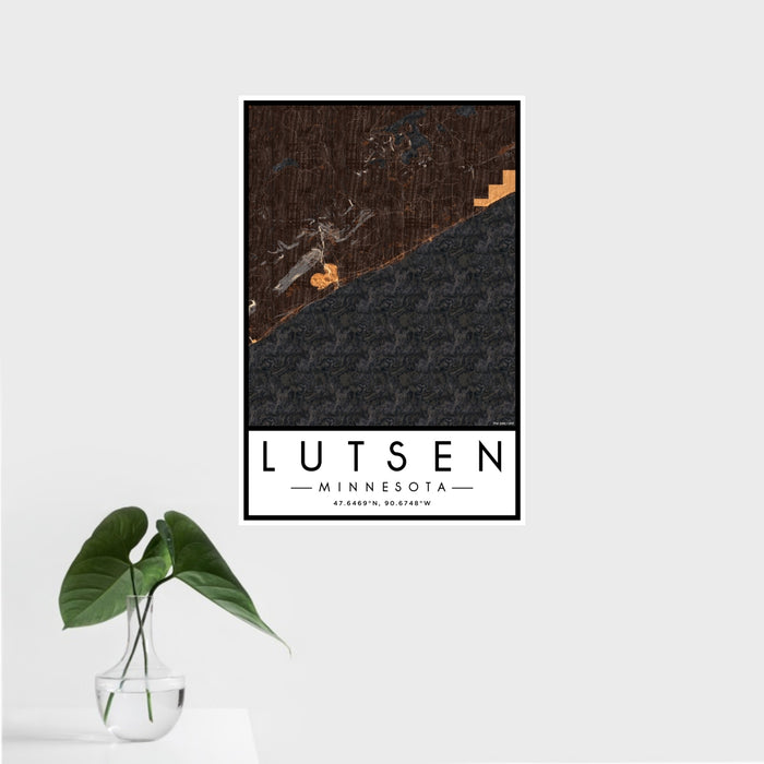 16x24 Lutsen Minnesota Map Print Portrait Orientation in Ember Style With Tropical Plant Leaves in Water