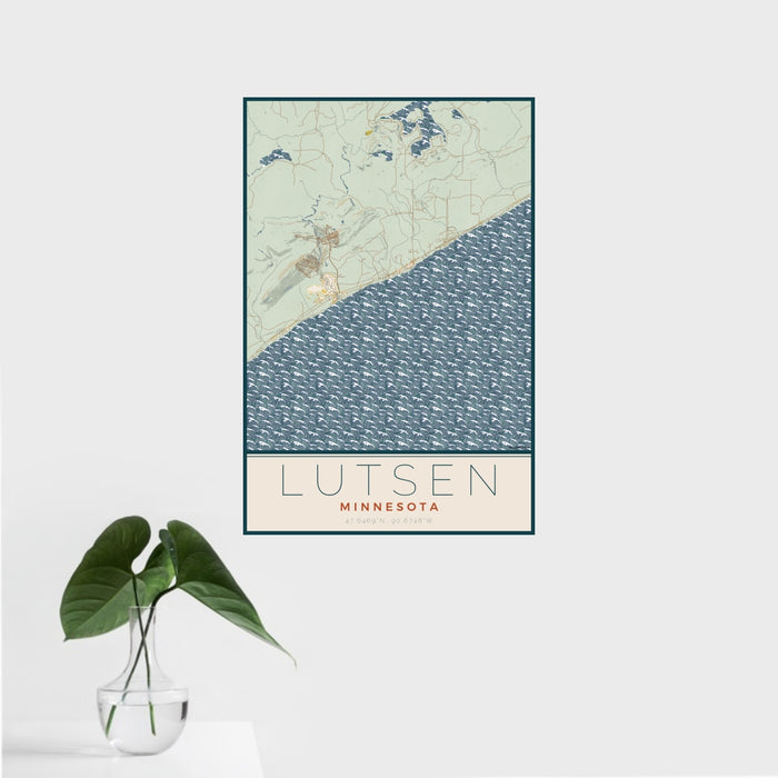 16x24 Lutsen Minnesota Map Print Portrait Orientation in Woodblock Style With Tropical Plant Leaves in Water