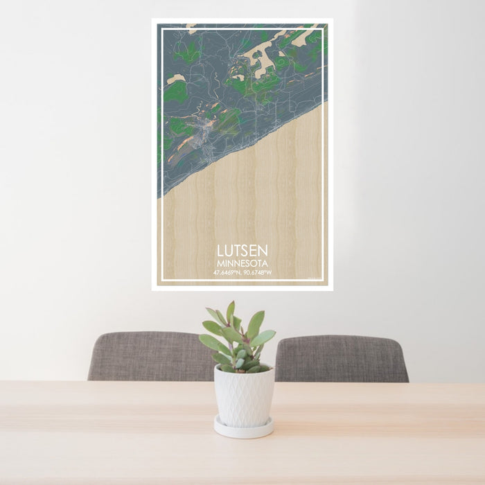 24x36 Lutsen Minnesota Map Print Portrait Orientation in Afternoon Style Behind 2 Chairs Table and Potted Plant