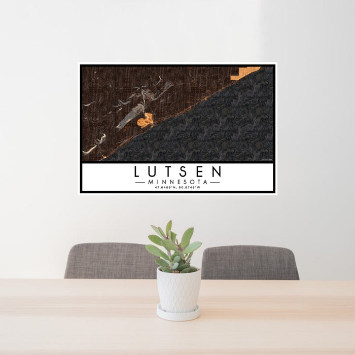 24x36 Lutsen Minnesota Map Print Lanscape Orientation in Ember Style Behind 2 Chairs Table and Potted Plant