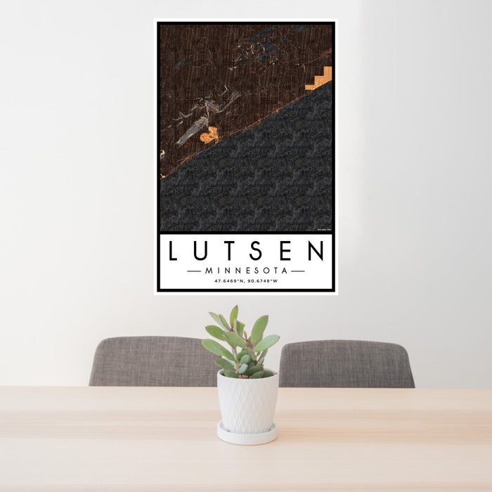 24x36 Lutsen Minnesota Map Print Portrait Orientation in Ember Style Behind 2 Chairs Table and Potted Plant