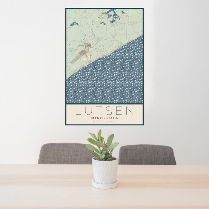 24x36 Lutsen Minnesota Map Print Portrait Orientation in Woodblock Style Behind 2 Chairs Table and Potted Plant