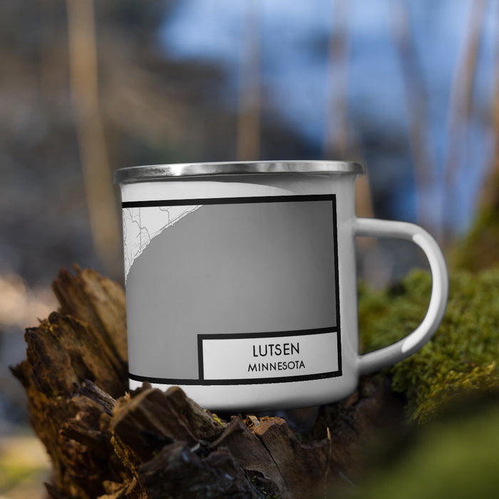 Right View Custom Lutsen Minnesota Map Enamel Mug in Classic on Grass With Trees in Background