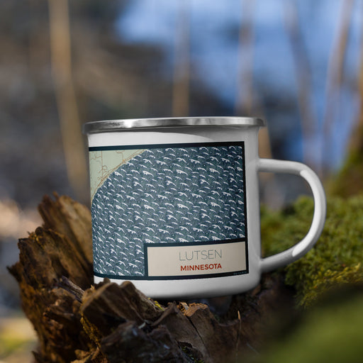 Right View Custom Lutsen Minnesota Map Enamel Mug in Woodblock on Grass With Trees in Background