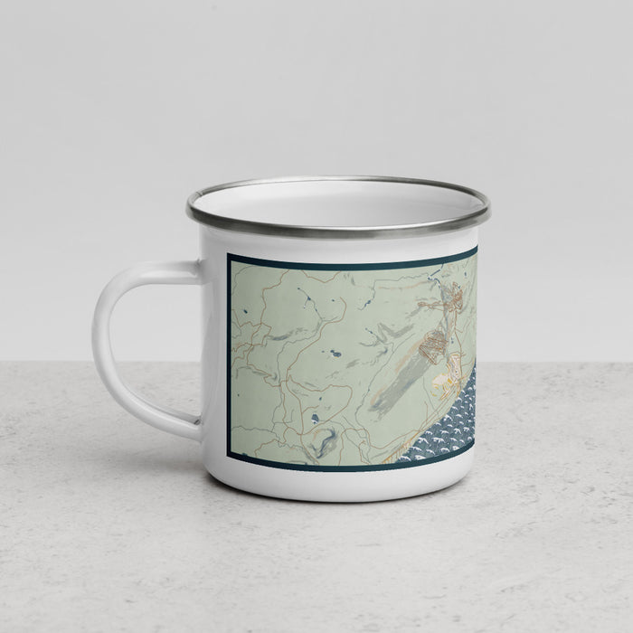 Left View Custom Lutsen Minnesota Map Enamel Mug in Woodblock