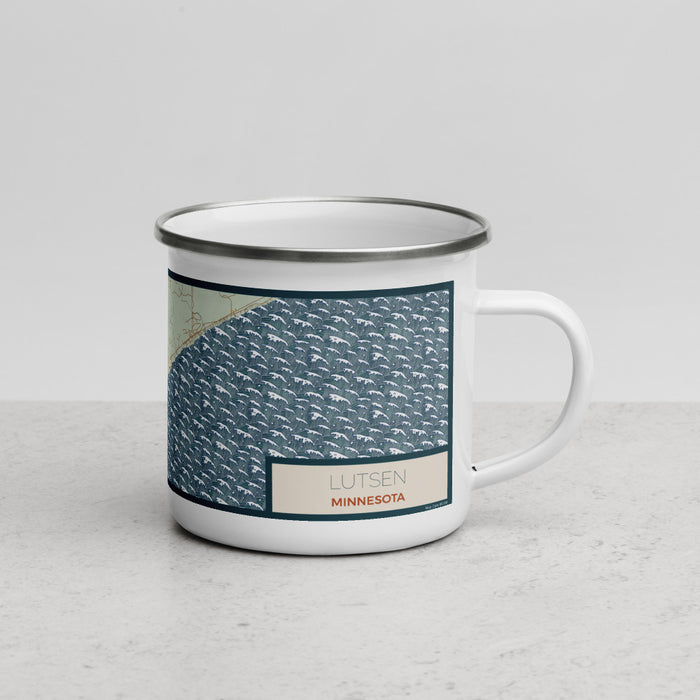 Right View Custom Lutsen Minnesota Map Enamel Mug in Woodblock