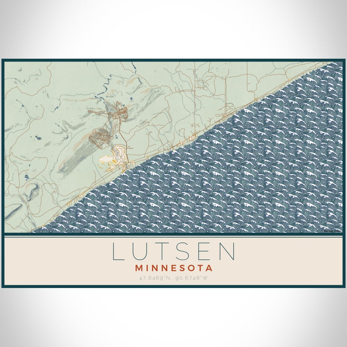 Lutsen Minnesota Map Print Landscape Orientation in Woodblock Style With Shaded Background