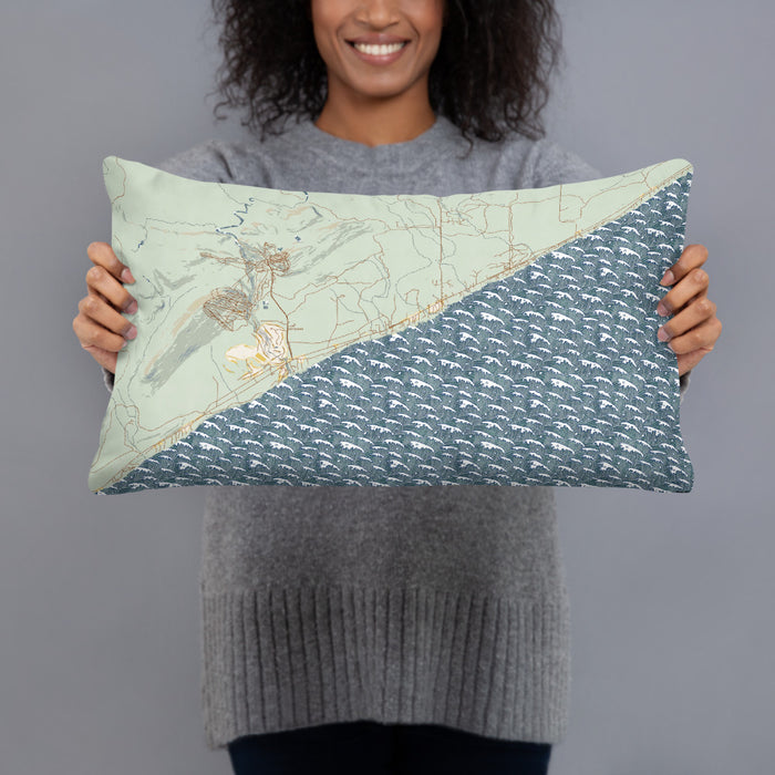 Person holding 20x12 Custom Lutsen Minnesota Map Throw Pillow in Woodblock