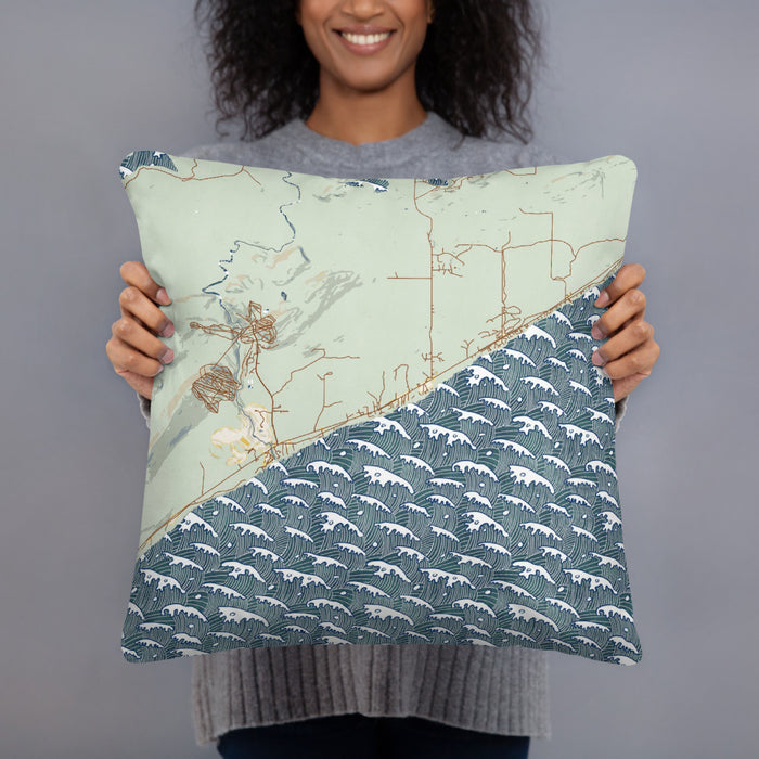 Person holding 18x18 Custom Lutsen Minnesota Map Throw Pillow in Woodblock