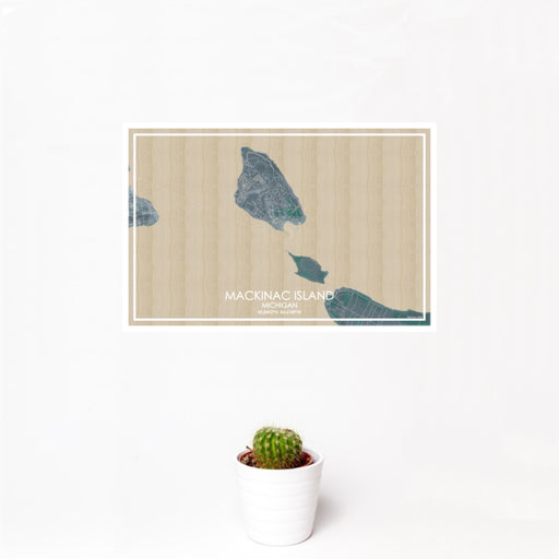 12x18 Mackinac Island Michigan Map Print Landscape Orientation in Afternoon Style With Small Cactus Plant in White Planter