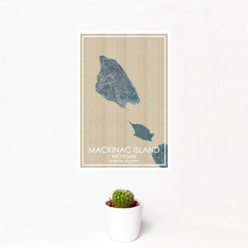 12x18 Mackinac Island Michigan Map Print Portrait Orientation in Afternoon Style With Small Cactus Plant in White Planter