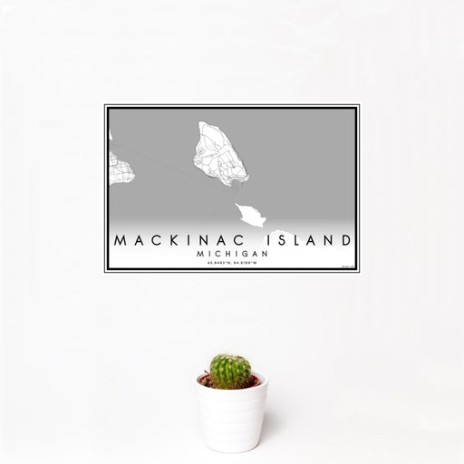 12x18 Mackinac Island Michigan Map Print Landscape Orientation in Classic Style With Small Cactus Plant in White Planter