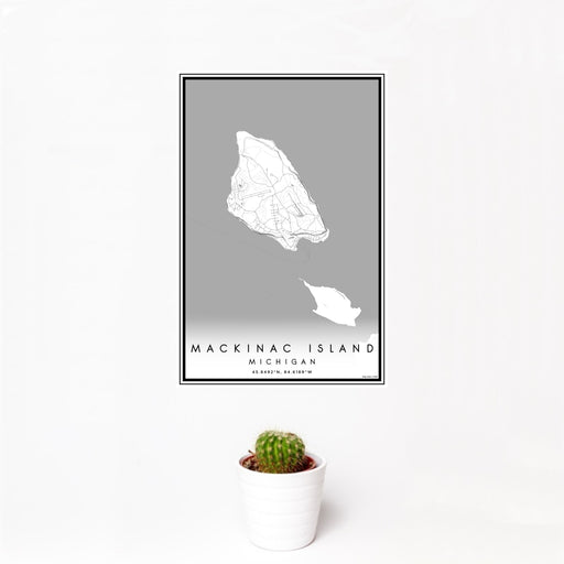 12x18 Mackinac Island Michigan Map Print Portrait Orientation in Classic Style With Small Cactus Plant in White Planter