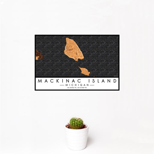 12x18 Mackinac Island Michigan Map Print Landscape Orientation in Ember Style With Small Cactus Plant in White Planter