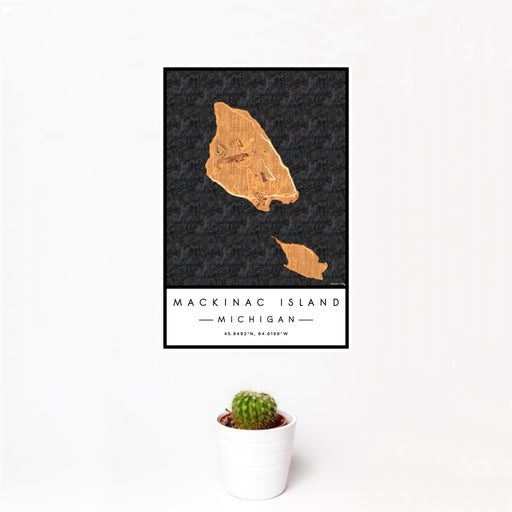 12x18 Mackinac Island Michigan Map Print Portrait Orientation in Ember Style With Small Cactus Plant in White Planter