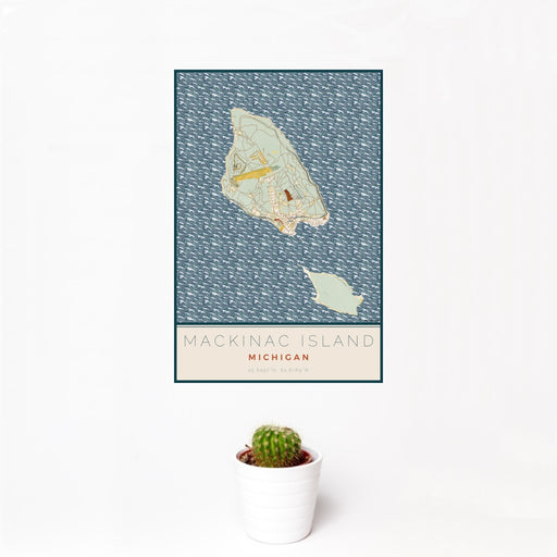 12x18 Mackinac Island Michigan Map Print Portrait Orientation in Woodblock Style With Small Cactus Plant in White Planter