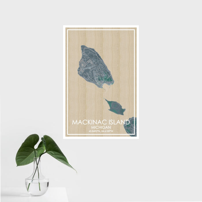 16x24 Mackinac Island Michigan Map Print Portrait Orientation in Afternoon Style With Tropical Plant Leaves in Water
