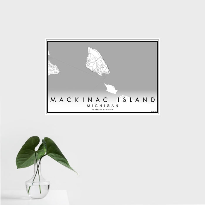 16x24 Mackinac Island Michigan Map Print Landscape Orientation in Classic Style With Tropical Plant Leaves in Water