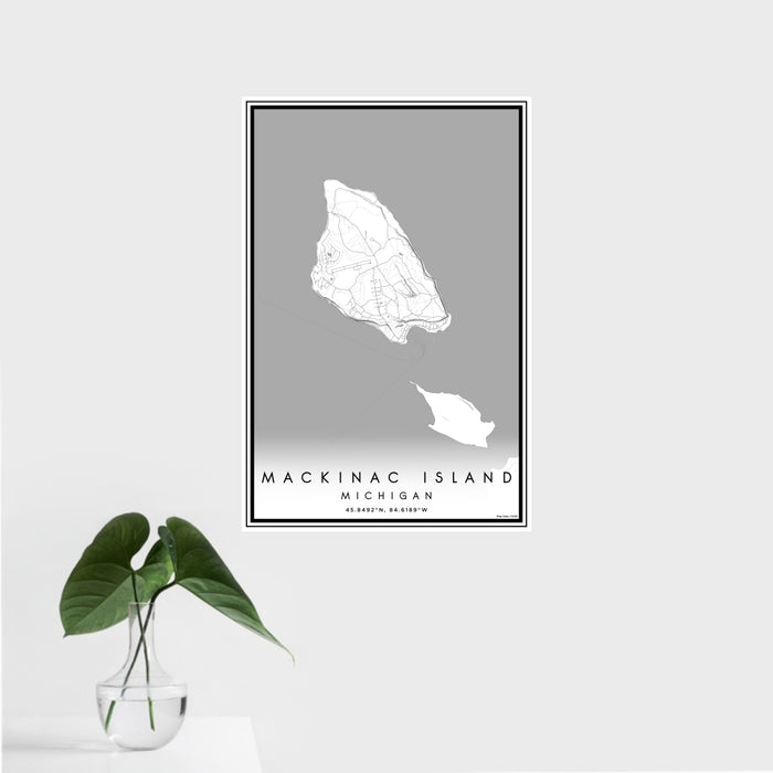 16x24 Mackinac Island Michigan Map Print Portrait Orientation in Classic Style With Tropical Plant Leaves in Water